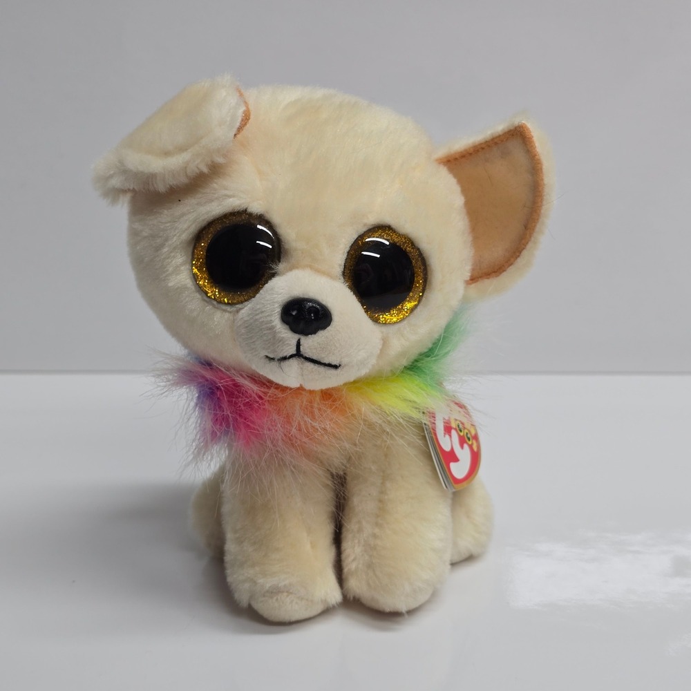 Ty Beanie Boos Chewey Chihuahua Plush Tan Rainbow Collar Gold Glitter‎ Eyes 2019